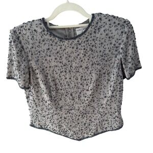 Vintage Papell Boutique Evening Beaded Silk Top Petite Small Gray Formal Blouse
